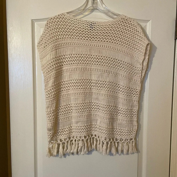 CHAPS Tribal Natural Cream Crochet Fringe Pullover Boho Sweater Size S/M Hippie - Picture 4 of 9